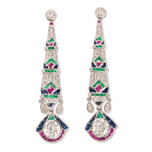 A pair of diamond, gemstone and platinum earrings: A pair of diamond, gemstone and platinum earringseach a pierced and millegrained geometric pendant, set with sapphires, rubies, emeralds and round brilliant-cut diamonds, suspending a round