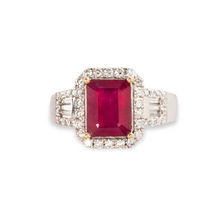 A glass-filled ruby, diamond and fourteen karat white g: A glass-filled ruby, diamond and fourteen karat white gold ringdesigned as a step-cut glass-filled ruby, weighing approximately 2.90 carats, framed by round brilliant-cut diamonds, between tapered