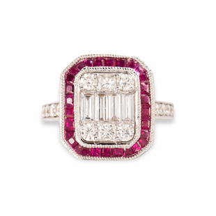 A diamond, ruby and eighteen karat white gold ring: A diamond, ruby and eighteen karat white gold ringfeaturing baguette, radiant and round brilliant-cut diamonds, framed by a channel of calibré-cut rubies; estimated total diamond weight: 1.25