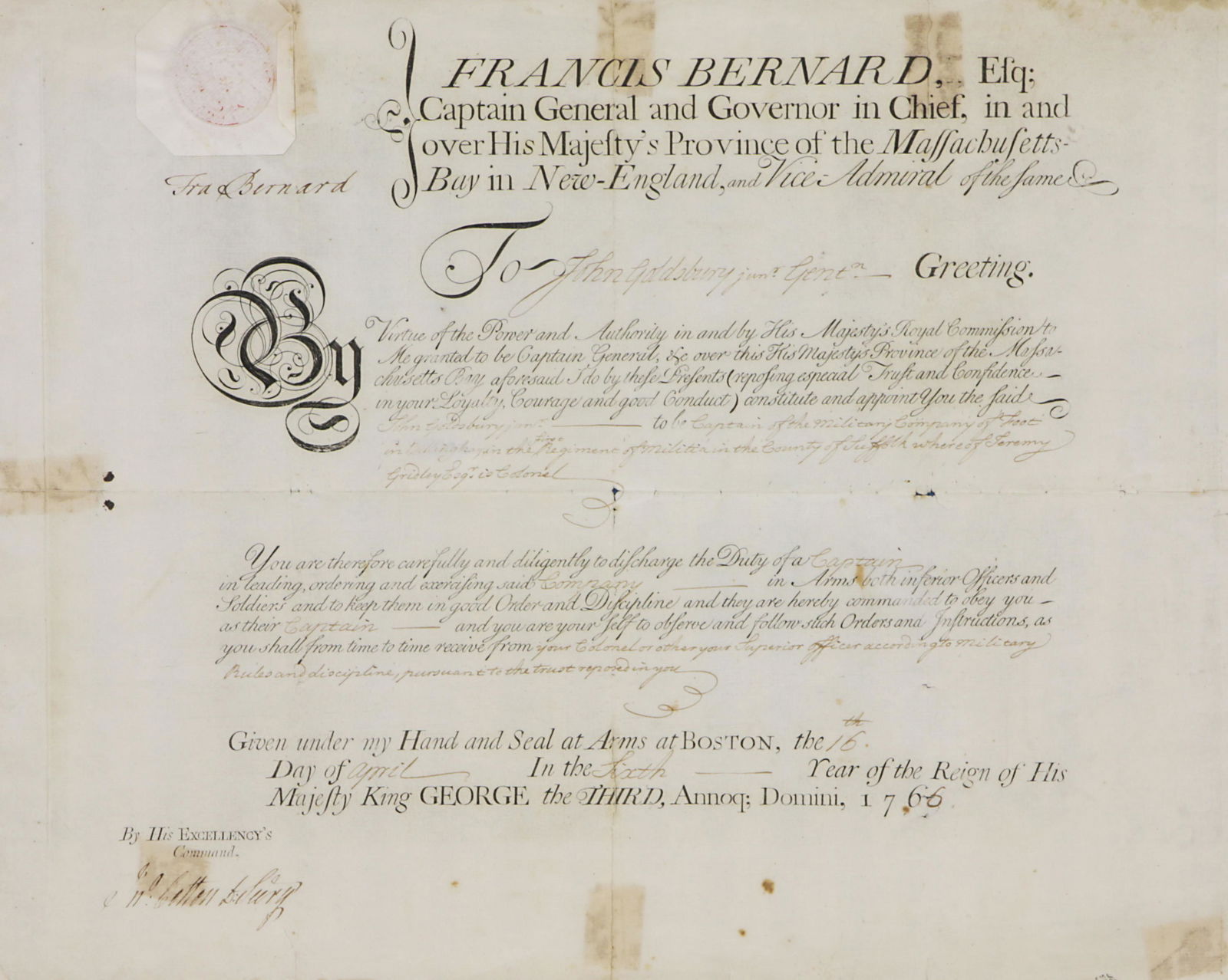 Francis Bernard 1766 Military Commission Document (1 of 4)