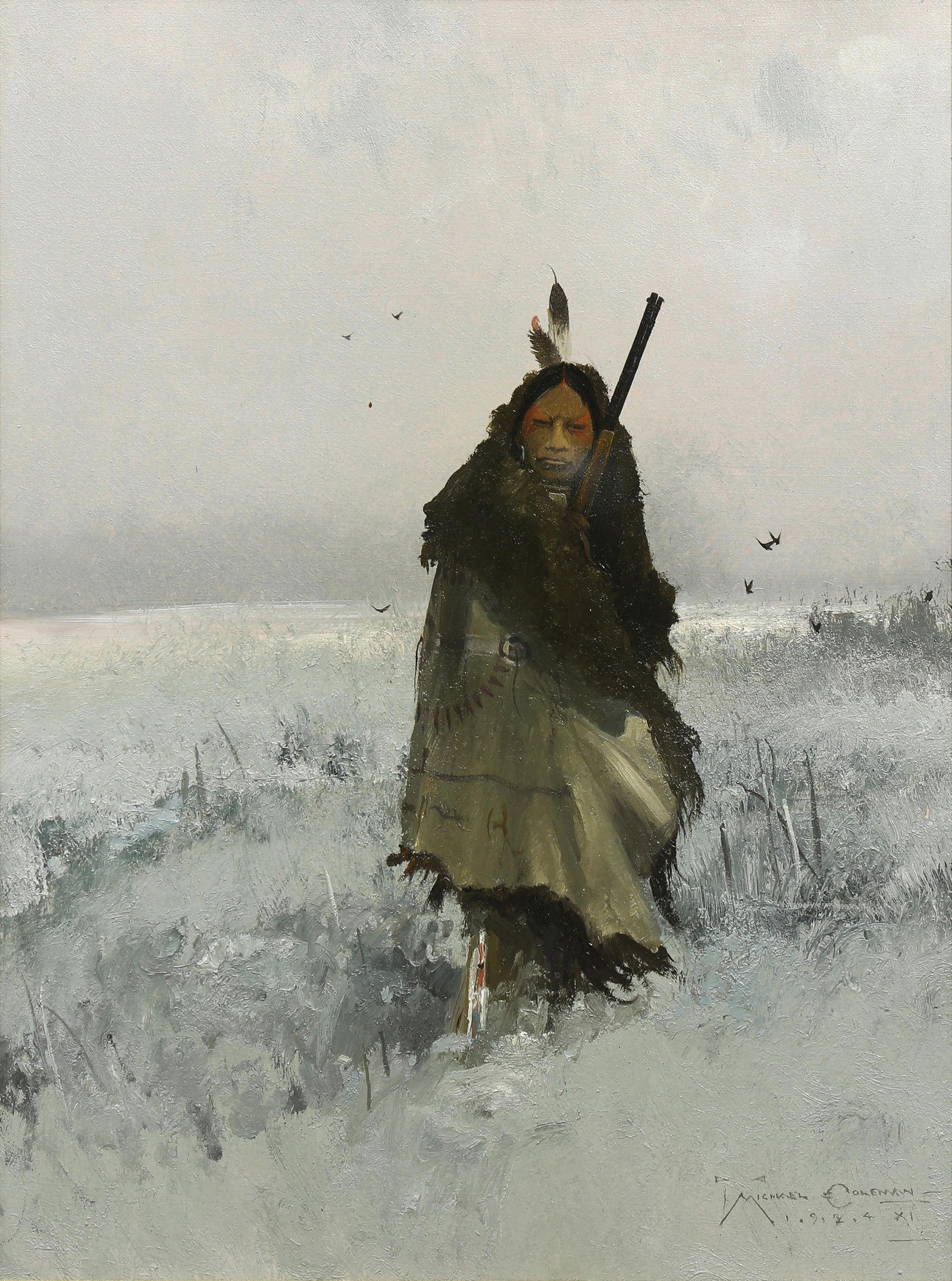 Painting, Michael Coleman: Michael Coleman (American, b. 1946), "Winter Hunter," oil on board, signed and dated (indistinctly) lower right, title label (remnant) affixed verso, sight: 17"h x 12.5"w, overall (with frame): 24.5"h