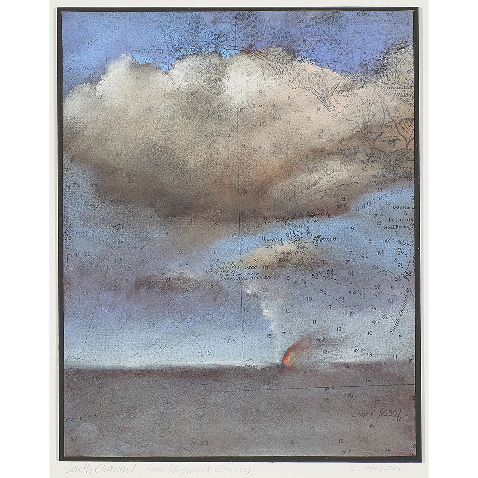 Mixed Media, Charles Hobson: Charles Hobson (American, 20th century), "South Channel from Shipwreck Stories," 1997, pastel over monoprint and maritime chart, signed lower right, titled lower left, image: 6.5"h x 8"w, overall (wit