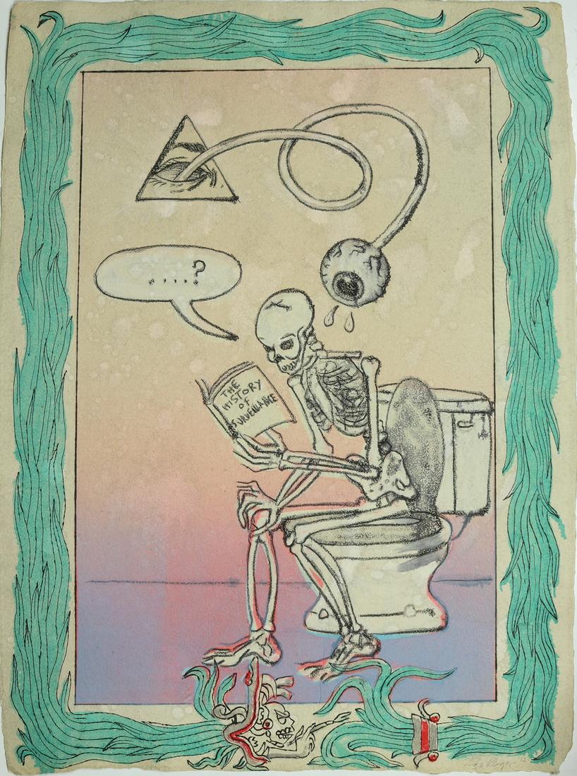 Mixed Media, Enrique Chagoya: Enrique Chagoya (American/Mexican, b. 1953), "History of Surveillance," 2012, mixed media, pencil signed and dated lower right, sheet (unframed): 30.5"h x 22.5"w