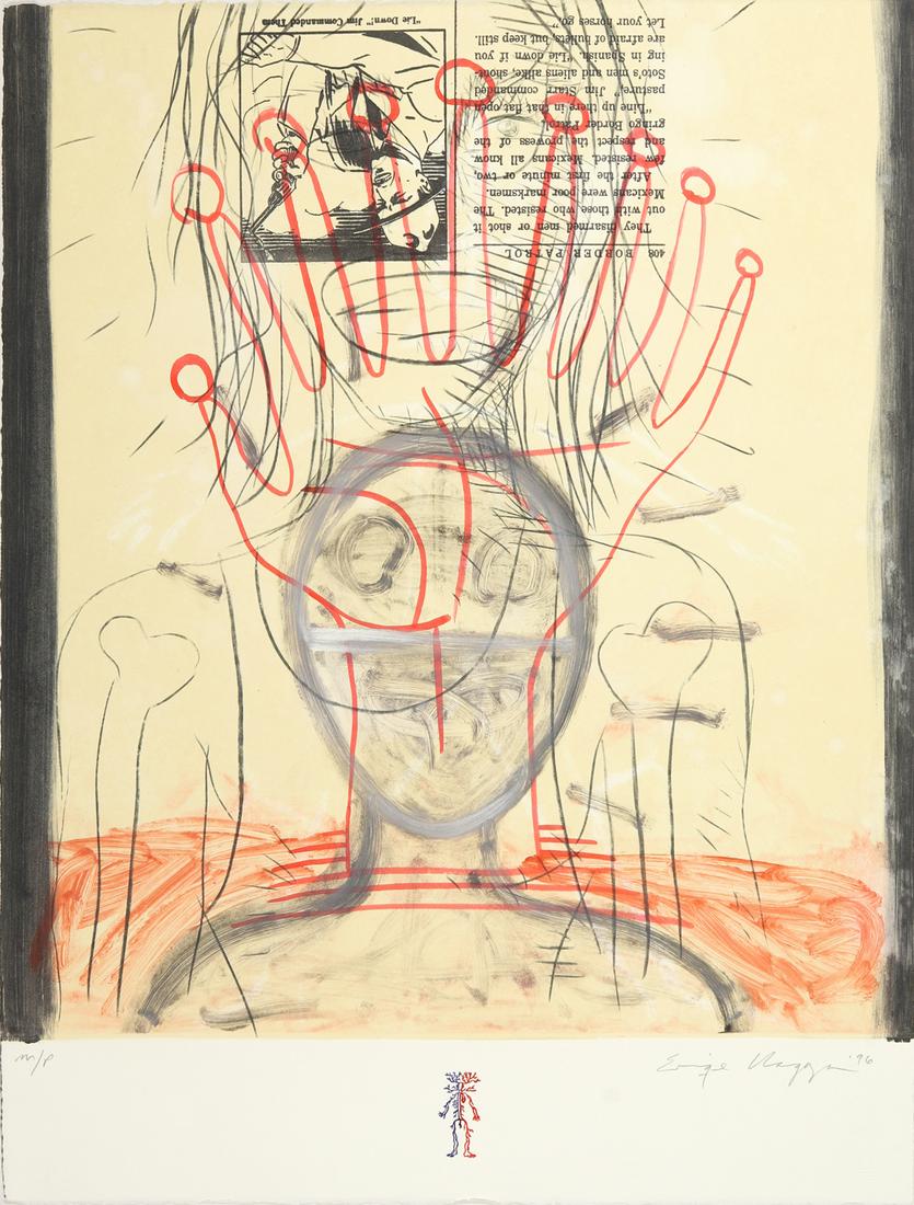 Print, Enrique Chagoya: Enrique Chagoya (American/Mexican, b. 1953), "Border Patrol," 1996, monoprint, pencil signed and dated lower right, sheet (unframed): 26"h x 19.5"w