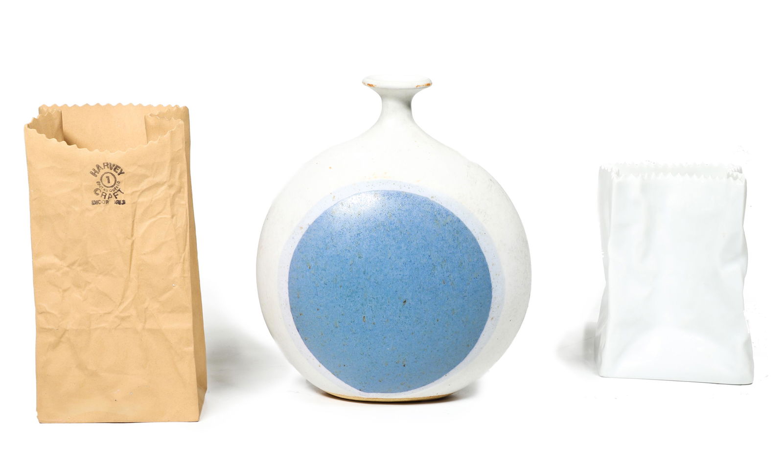 (lot of 3) An Isabel Parks pottery vase: (lot of 3) An Isabel Parks pottery vase, having a stick neck above a circular body, together with paper bag vases, one Rosenthal, largest: 6.5"h