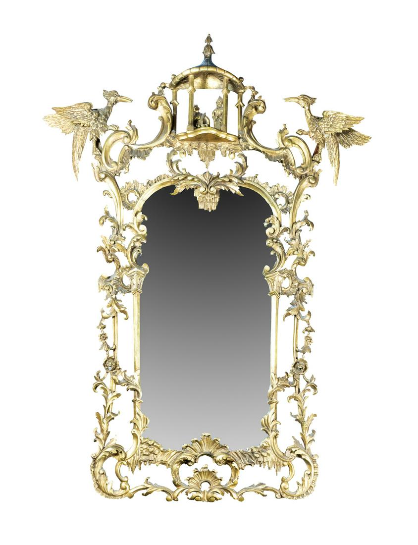 A Chinese Chippendale style giltwood mirror: A Chinese Chippendale style giltwood mirror, having a pagoda-form crest, flanked with hobo birds, above a shaped looking glass surrounded by flower and acanthus accents, 58"h x 30.5"w