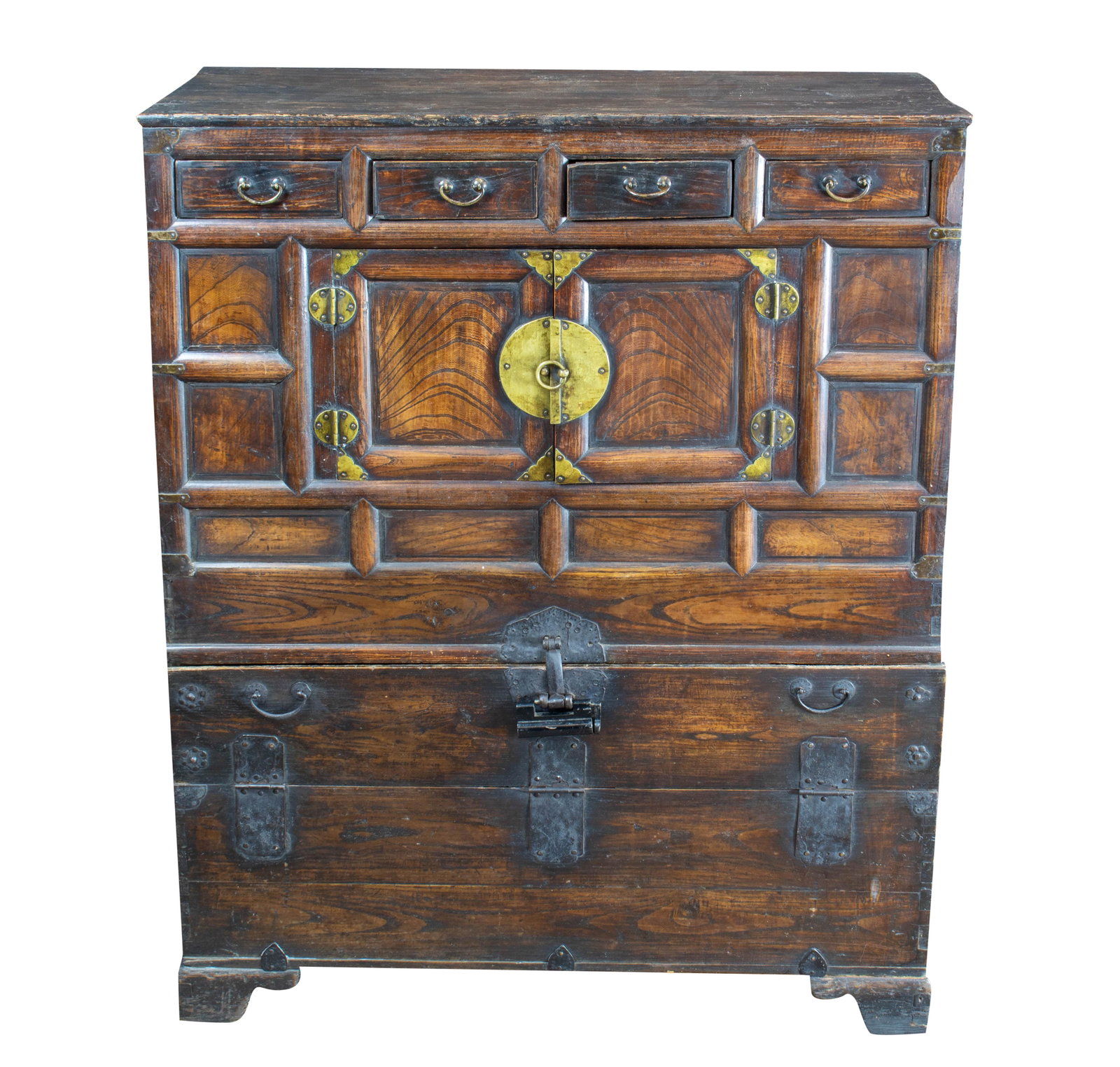Korean hambo: Korean hambo, featuring a pair of doors revealing an empty compartment, in between a row of four small drawers and a hinged door, all resting on a footed stan, with metal hardware and fittings, 44"h x