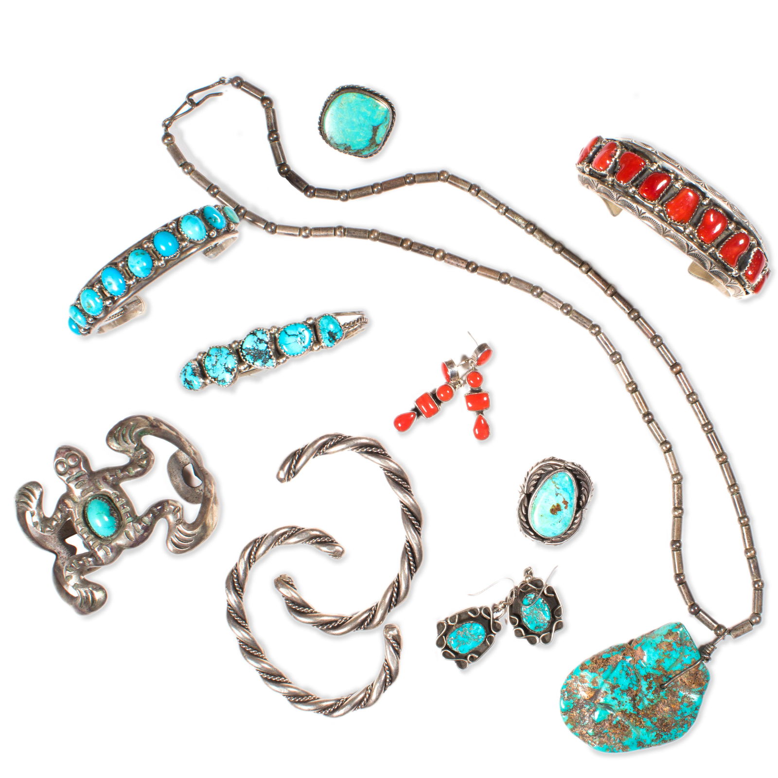 A group of turquoise, coral and silver jewelry,: A group of turquoise, coral and silver jewelry, including Native Americanincluding four cuff bracelets, set with polished turquoise or coral; a pair silver cuff bracelets of rope design; two turquoise
