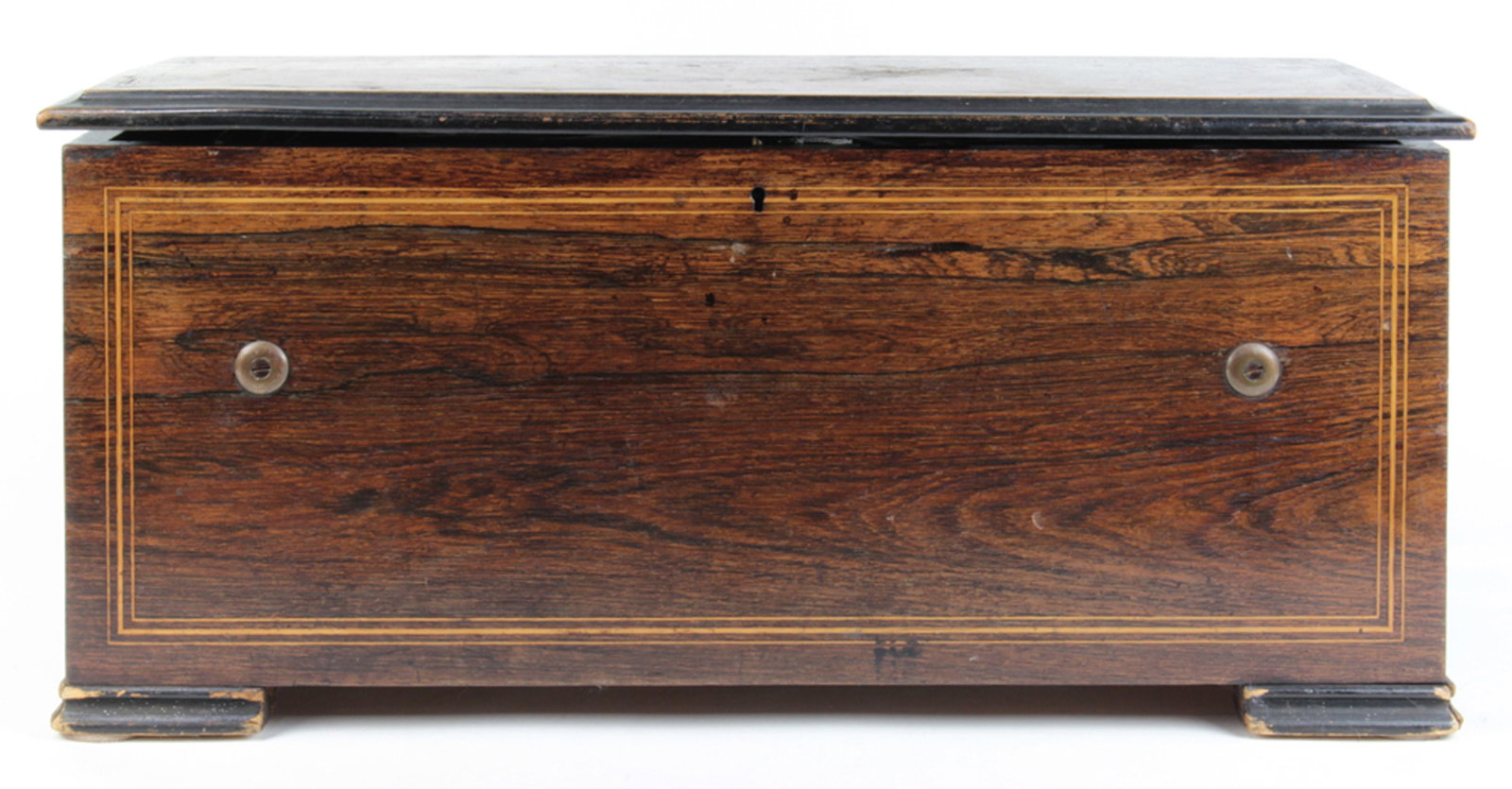 Swiss cylinder music box: Swiss cylinder music box, having a rectangular inlaid top with ebonized banding, opening to a 14"l cylinder playing six songs, 10.5"h x 23"w x 10"d