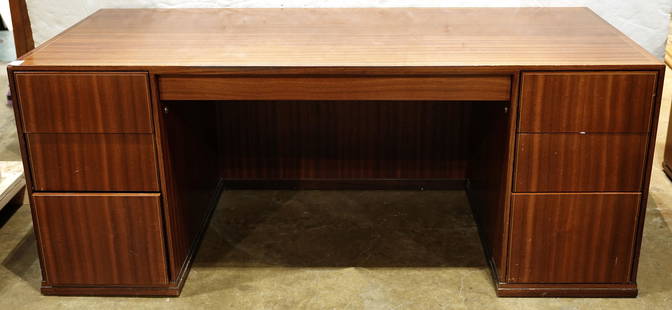 Contemporary executive desk: Contemporary executive desk, after Eliel Saarinen designs, created in 1988 in agreement with Cranbrook Academy, and executed by Arkitektura, each is inlaid with tulip, mahogany, and satin wood; retain