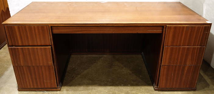 Contemporary executive desk: Contemporary executive desk, After Eliel Saarinen designs, created in 1986 in agreement with Cranbrook Academy, and executed by Charles Phipps and Sons, each is inlaid with tulip, mahogany, and satin