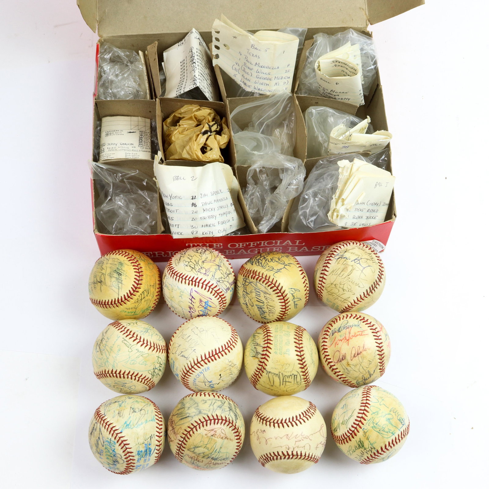 (lot of 12) Baseball group bearing signatures: (lot of 12) Baseball group bearing signatures, one including Steve McCatty, Bob Lacey, Rob Picciolo, etc.; Durwood Merrill; Juan Bernhardt, Jim Colburn, Jim Spencer, etc.; Toronto Blue Jays, Claude Ed