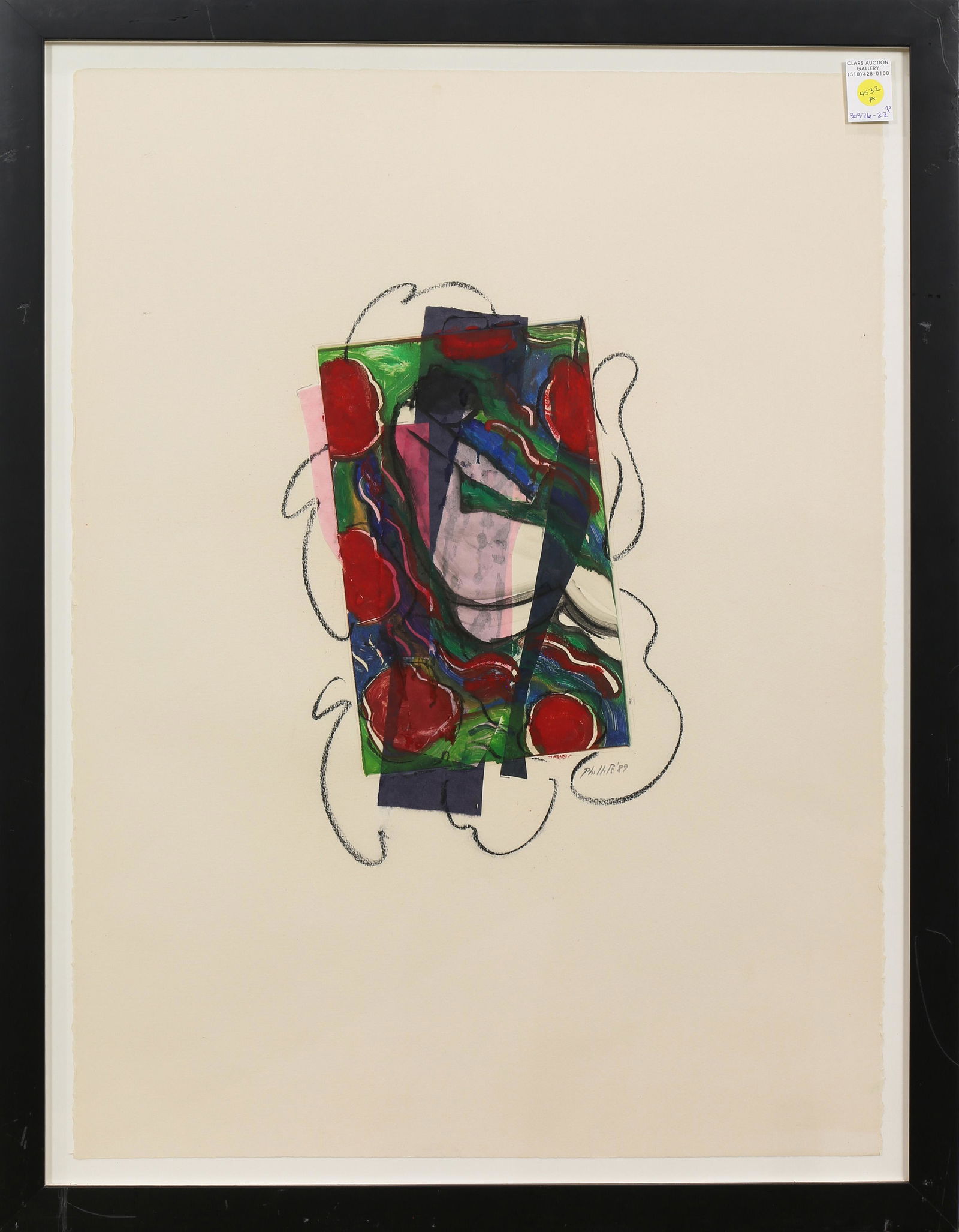 Monotype, Matt Phillips: Matt Phillips (American, 1927-2017), Untitled, 1989, monotype with collage and charcoal, signed and dated lower right, overall (with frame): 34.25"h x 26.5"w