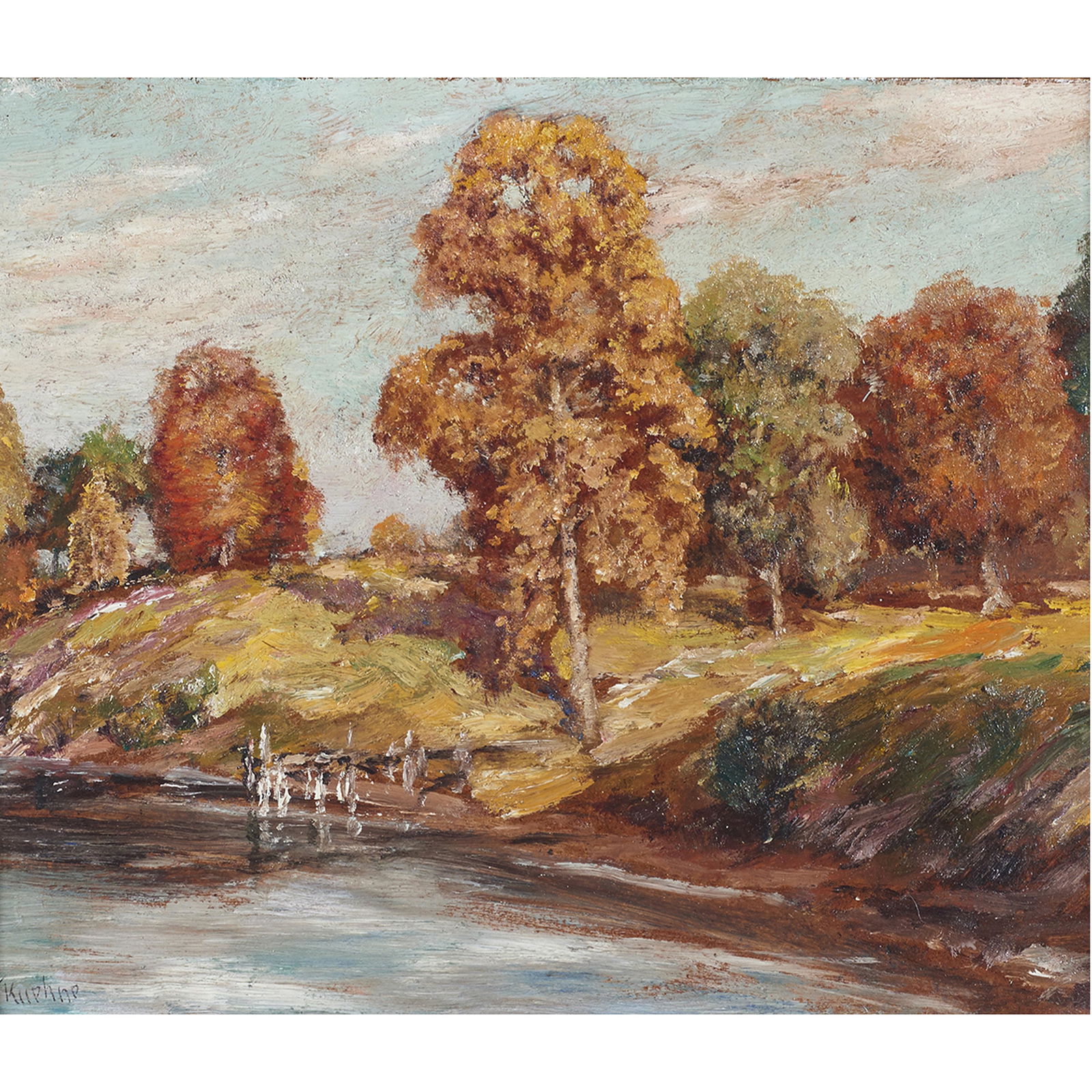 Painting, Max Kuehne: Max Kuehne (German/American, 1880-1968), Untitled (Autumn Landscape), oil on masonite, signed lower left, masonite: 9"h x 11"w, overall (with frame): 17.25"h x 19.5"w