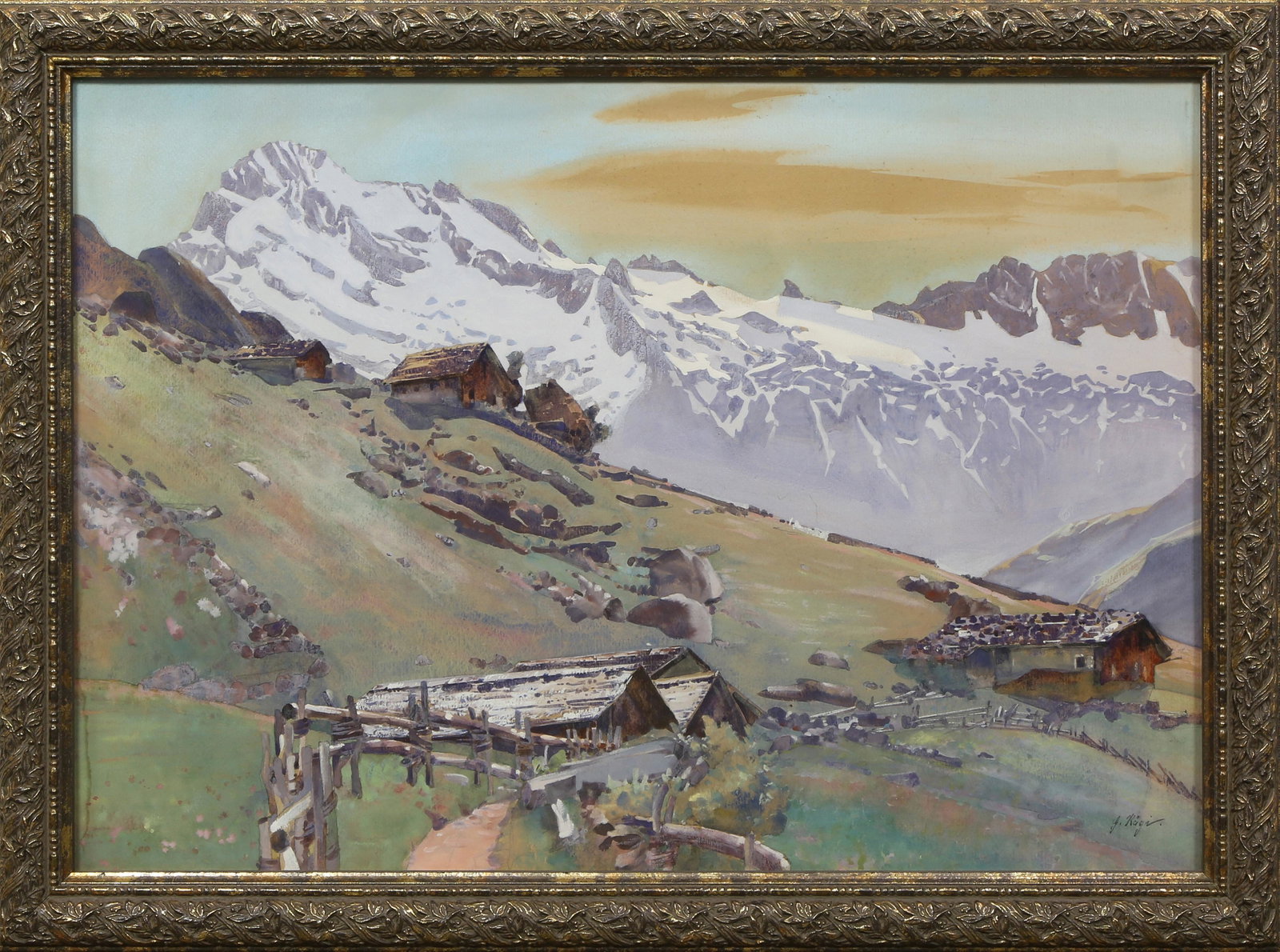 Watercolor, Gottlieb Kagi: Gottlieb Kagi (Swiss, 1856-1930), Hamlet in the Alps, watercolor and gouache, signed lower right, overall (with frame): 22"h x 30"w