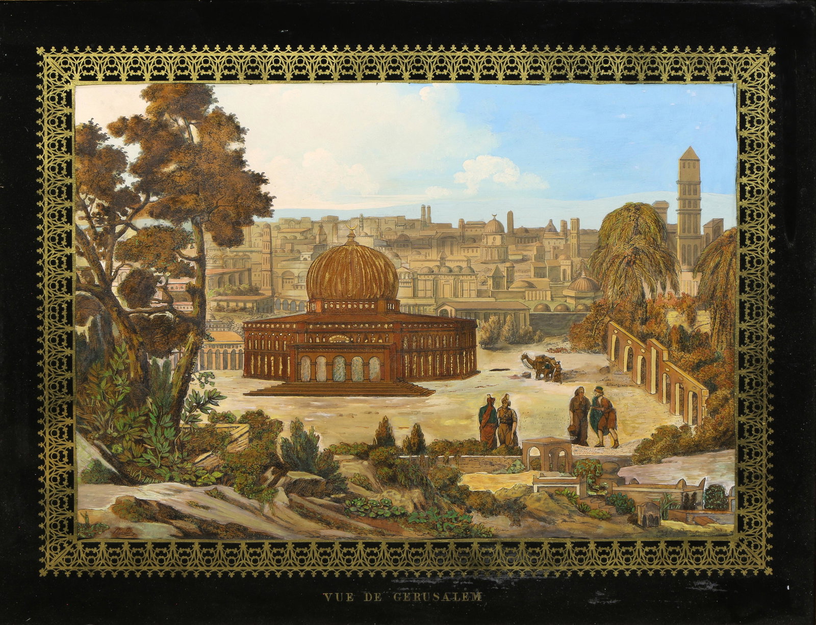 Mixed Media, View of Jerusalem: Continental School (19th century), "View of Jerusalem," mixed media on paper, titled lower center, unsigned, sight: 15.5"h x 22"w, overall (with frame): 26.5"h x 33"w