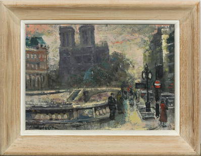 Painting, Denes De Holesch: Denes De Holesch (Hungarian, 1910-1983), Saint Michel - Notre Dame, Paris, oil on panel, signed lower left, overall (with frame): 14"h x 18"w