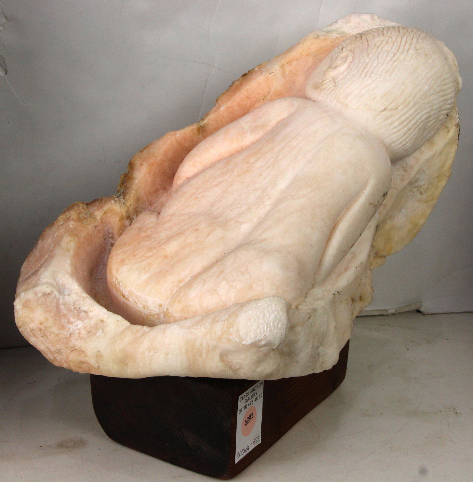 Sculpture, Baby in Womb: American School (20th century), Baby in Womb, alabaster sculpture on wood base, unsigned, overall (with base): 11"h x 13"w x 8"d