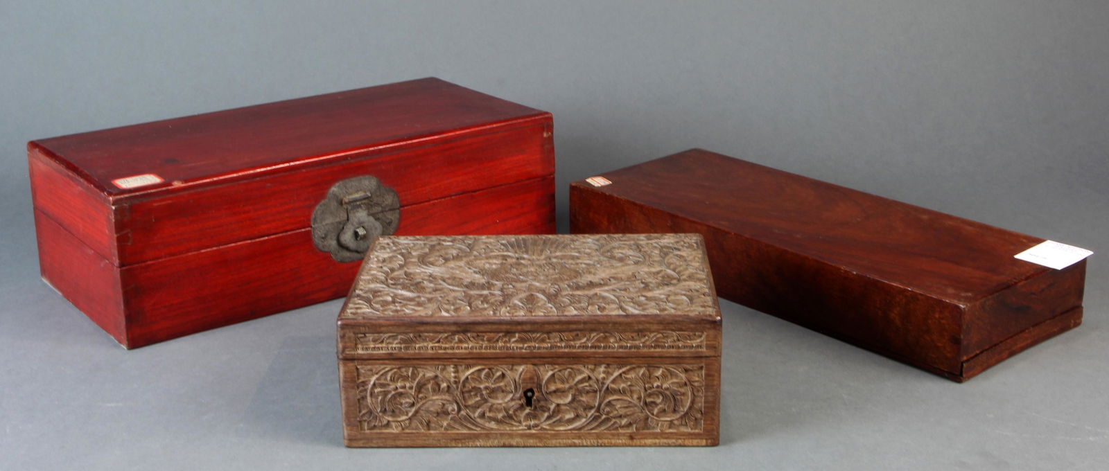 (Lot of 3) Chinese wood boxes, one carved with a (1 of 1)