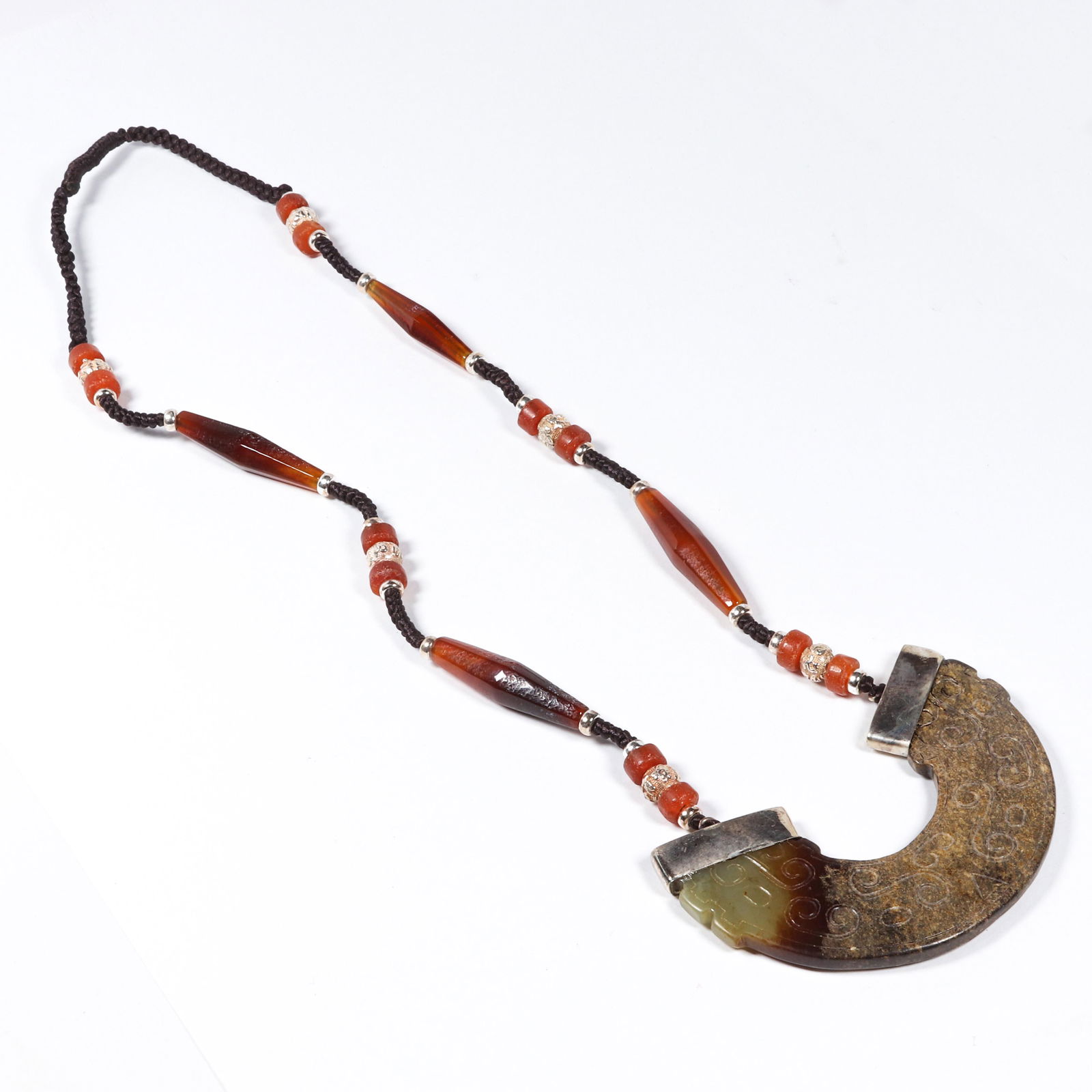 Chinese archaistic jade pendant with carnelian chain (1 of 1)