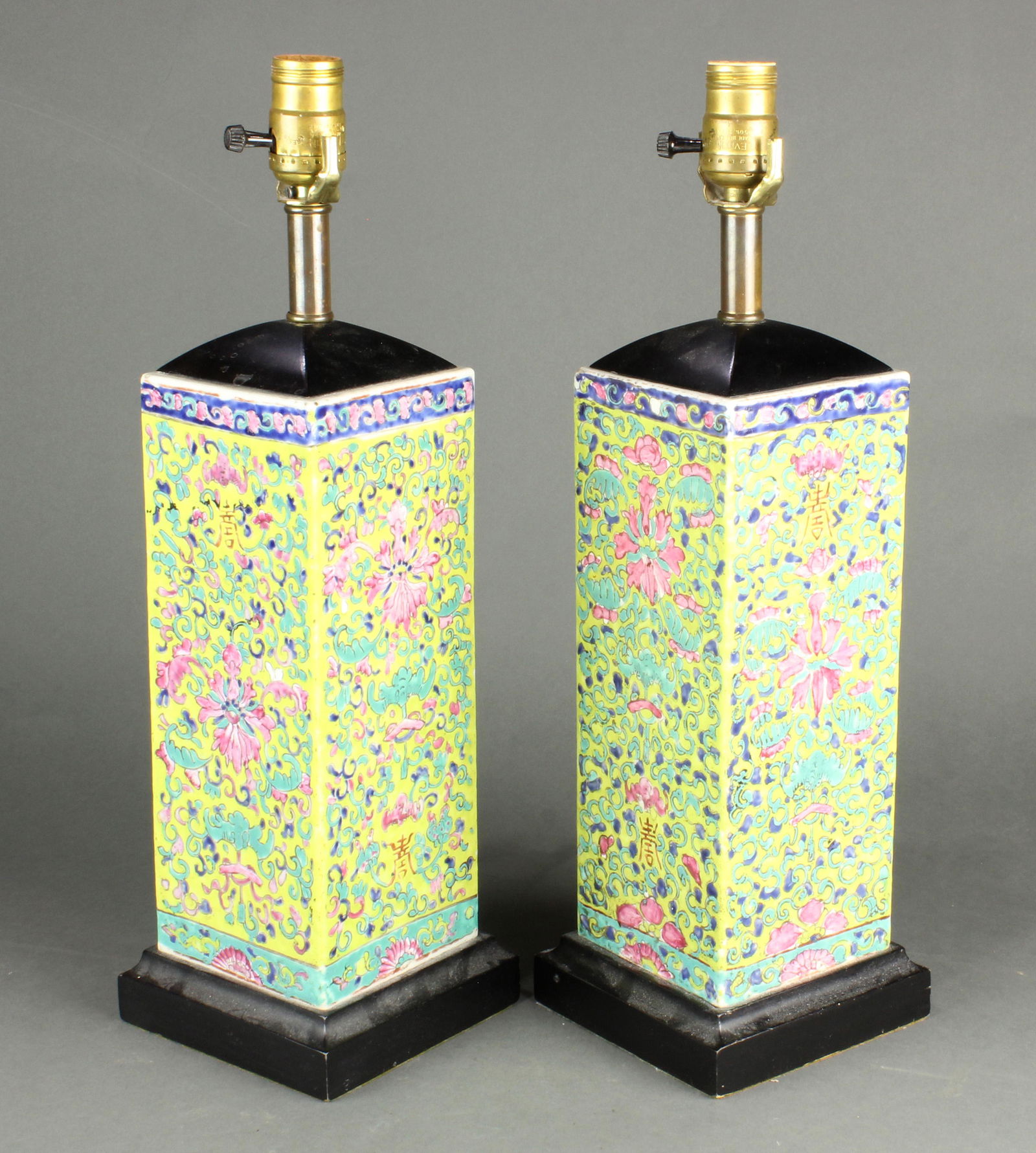 (lot of 2) Chinese famille rose square form vase lamps (1 of 2)