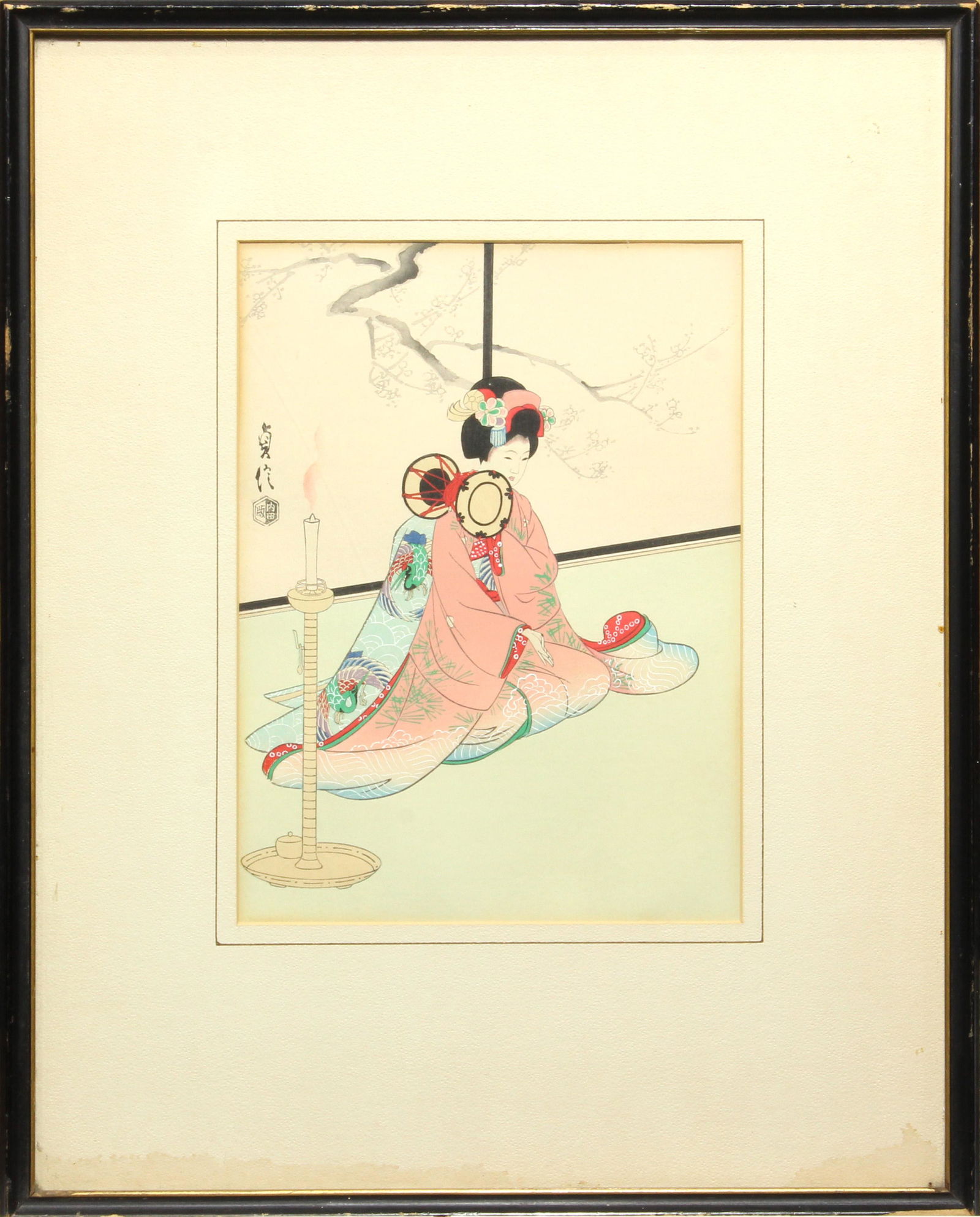 Sadanobu Hasegawa III (Japanese, 1881-1962), Maiko Girl: Sadanobu Hasegawa III (Japanese, 1881-1962), Maiko Girl Playing Hand Drum, woodblock print, 10"h x 7.25"w.