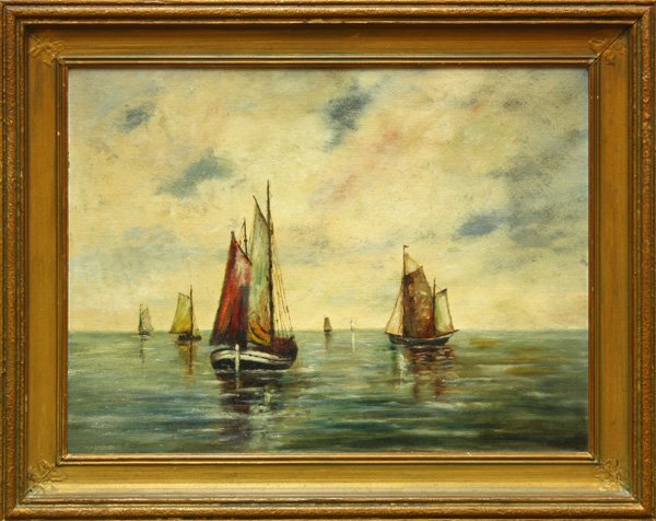painting, Sail Boats: Framed oil on canvasboard, Boats Sailing, unsigned, sight: 11.5''h x 15.5''w, overall: 15.5''h x 19.5''w