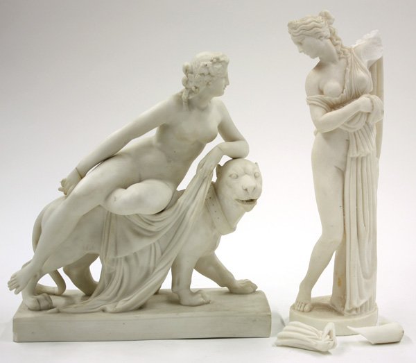 Parian ware figural group,: (lot of 2) Parian ware figural groups, one of Ariadne and the Panther, 10.5''h and one of a classical figure, both repaired