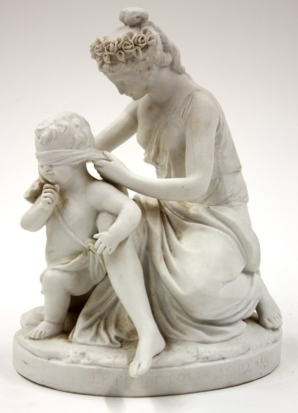 Parian ware figural group: Parian ware figural group of a mother and child titled: ''Le Petite Colin Maillard'', 9''h