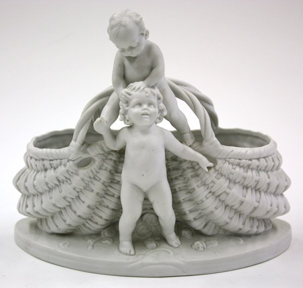 Parian ware figural basket form jardiniere: Parian ware figural basket form jardiniere, 8''h
