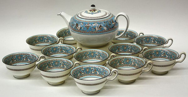 Wedgwood Turquoise Florentine tea service: (Lot of 13) Partial Wedgwood Turquoise Florentine tea service consisting of 12 tea cups and 1 tea pot