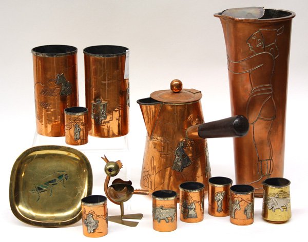 Mexican metalware items: (Lot of 13) Miscellaneous Mexican metalware items, Los Castillo, Taxco, copper, brass, and silver consisting of 1 large beverage holder with 2 cups, 1 chocolate pot with 6 cups, 1 small tray with gras