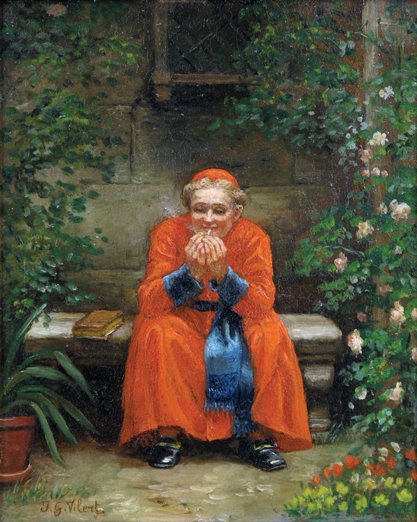 painting, Jehan Georges Vibert, Monk: Framed oil on board, Monk Lighting Cigarette, by Jehan Georges Vibert (French, 1840-1902), signed ''J. G. Vibert'' lower left, sight: 7.75''h x 6.125''w, overall: 17.25''h x 15.75''w