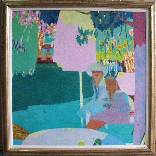 painting, Roberto Ortuno, A Media Tarde: Framed oil on canvas, ''A Media Tarde,'' by Roberto Ortuno (Spanish, b. 1953), signed ''Ortuno'' lower right, sight: 59''h x 59''w, overall: 60''h x 60''w