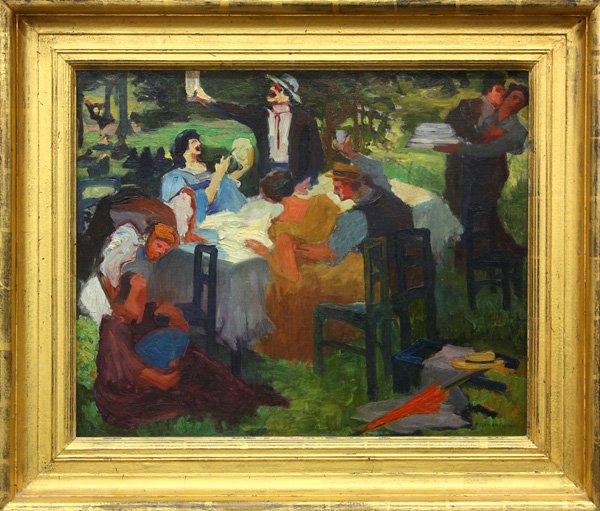 painting, Pierre-Jules Tranchant: Framed oil on canvas, ''Dejeuner sur L'herbe,'' circa 1920, by Pierre-Jules Tranchant (French, b. 1882), signed ''P. J. Tranchant'' lower right, sight: 19''h x 23''w, overall: 26.25''h x 30.25''w