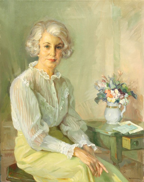 painting Fritz Werner Portrait of the Artists Wif: Unframed oil on canvas, ''The Artist's Wife,'' by Fritz Werner (Californian, 1898-1994), signed ''Werner'' lower left, titled and inscribed verso, overall: 33.75''h x 27.25''w