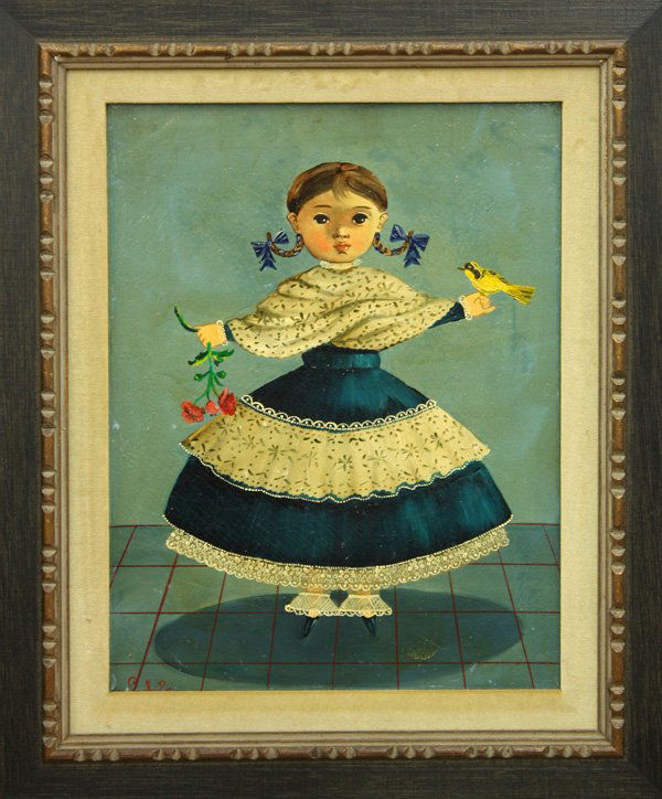 painting, Agapito Labios, Girl with Bird: Framed oil on canvas, Girl with Bird and Flowers, by Agapito Labios (Mexican, 1898-1996), signed ''Labios'' lower left, sight: 16''h x 12''w, overall: 21.5''h x 18''w