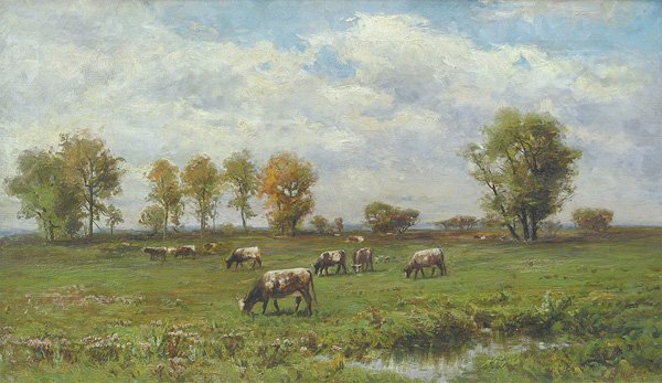 painting, Jonathan Bradley Morse, Cows: Framed oil on canvas, Cows Grazing, by Jonathan Bradley Morse (American, 1834-1898), signed ''J. B. Morse'' lower right, sight: 20.5''h x 35.5''w, overall: 26''h x 41''w