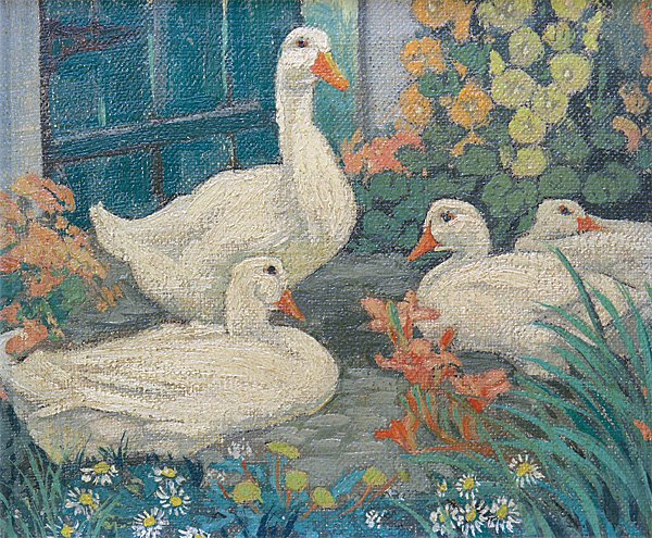 painting, Jessie Arms Botke, Ducks: Framed oil on canvas, ''Ducks,'' by Jessie Hazel Arms Botke (Californian, 1883-1971), unsigned, label affixed verso, sight: 4.75''h x 6''w, overall: 7.5''h x 8.5''w
