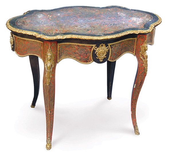 French Boulle and tortoise occasional table: 19th century French Boulle and tortoise shell style occasional table having ormolu mounted rim around a turtle shaped top above a single drawer raised on cabriole legs, table retains original bronze m