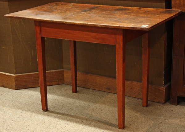 New England Country Hepplewhite tap table: New England Country Hepplewhite tap table having single board pine overhang top above red milk painted taper leg base, 28''h x 42''w x 24''