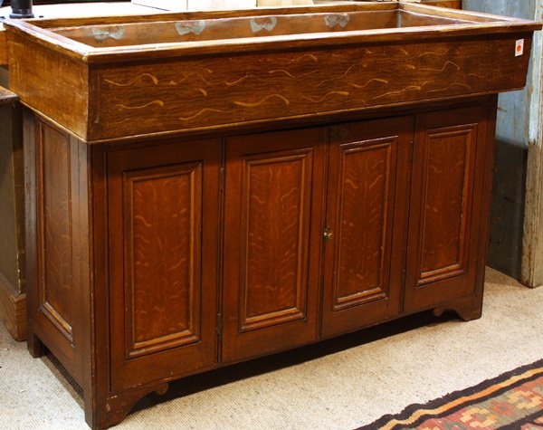 19th century dry sink: 19th century faux grain/feather painted dry sink with copper lining above base with molded panels and doors, rising on bracket base, 35''h x 56''w x 20''w