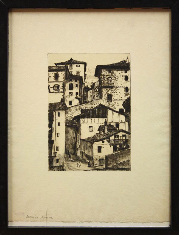 etching, Max Kuehne, Spain, Motrico: Framed etching, ''Motrico,'' by Max Kuehne (American, 1880-1968), pencil signed lower right, titled lower left, estate stamped verso, plate: 8.375''h x 5.875''w, overall: 16.75''h x 12.75''w