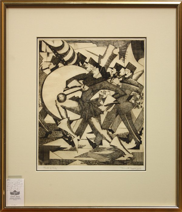 etching, Jeanette Maxfield Lewis, Fourth of July: Framed etching, ''Fourth of July,'' 1958, by Jeanette Maxfield Lewis (Californian, 1894-1982), pencil signed ''Jeanette Maxfield Lewis'' lower right, titled lower left, from the edition of 26, plate: 