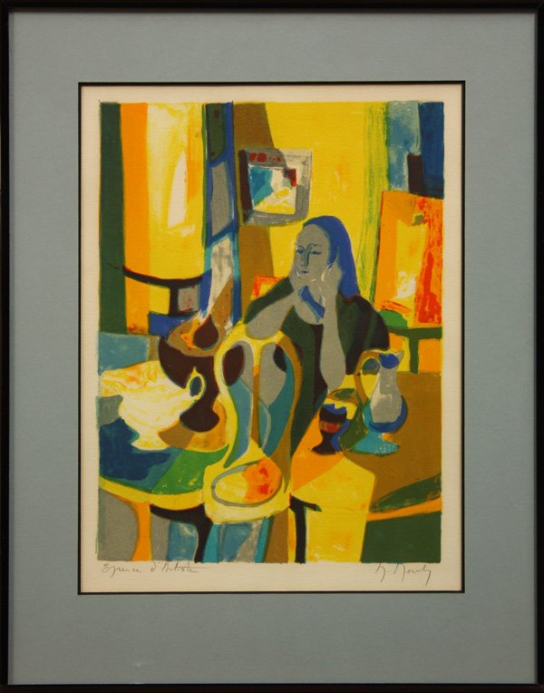 lithograph, Marcel Mouly, Woman in Blue Scarf: Framed color lithograph, Woman in Blue Scarf, 1971, by Marcel Mouly (French, 1918-2008), signed ''M. Mouly'' lower right, artist's proof, sight: 13.5''h x 10.25''w, overall: 18.625''h x 14.75''w