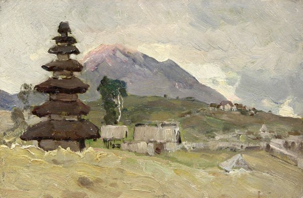 painting, Ivan Kalmykov, Pagoda: Unframed oil on board, Pagoda in the Mountains, by Ivan Leanardovich Kalmykov, (Russian 1866-1925), unsigned, inscribed in Russian verso, overall: 6.25''h x 9.75''w