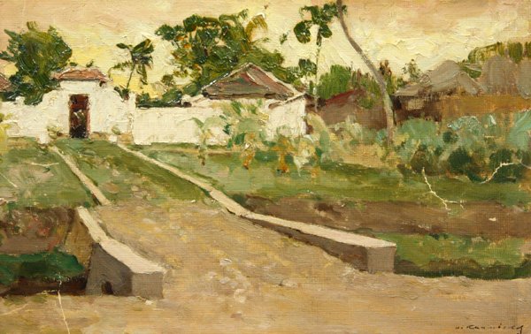 painting, Ivan Kalmykov, Bali: Unframed oil on paper Village in Bali, by Ivan Leanardovich Kalmykov, (Russian 1866-1925), signed ''I. Kalmykov'' lower right, inscribed verso, overall: 6.375''h x 10.125''w