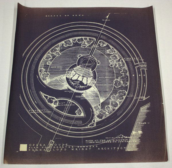 blueprint Frank Lloyd Wright Crescent Opera Baghd: (Lot of 3) Unframed blueprint perspective renderings (one with pencil and lead white corrections), ''Crescent Opera Civic Auditorium, Baghdad,'' by Frank Lloyd Wright (American, 1867 - 1959), titled a