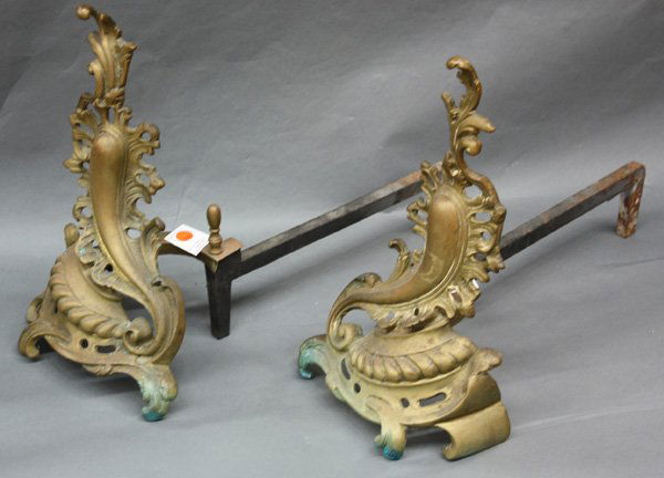 Rococco Revival style brass andirons: Rococco Revival style brass andirons, 16''h