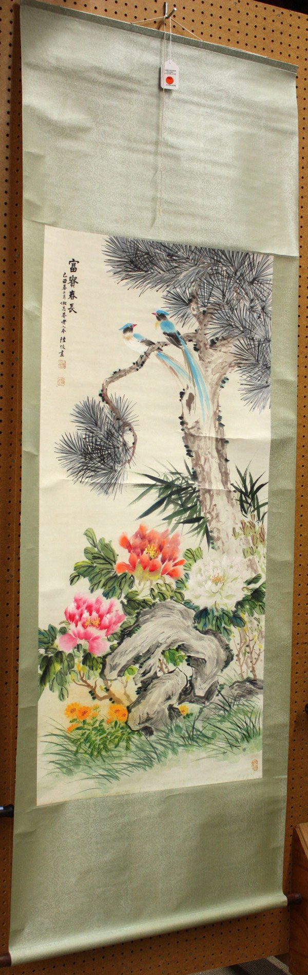 Chinese Scroll, Lu Hui, Bird/Flower: Chinese hanging scroll painting, Bird Flower and Pine, after Lu Hui (1851-1920), ink and color on paper, entitled 'Fu gui chun chang', dated 'jichou chun eryue' (=cyclical year jichou, spring, second